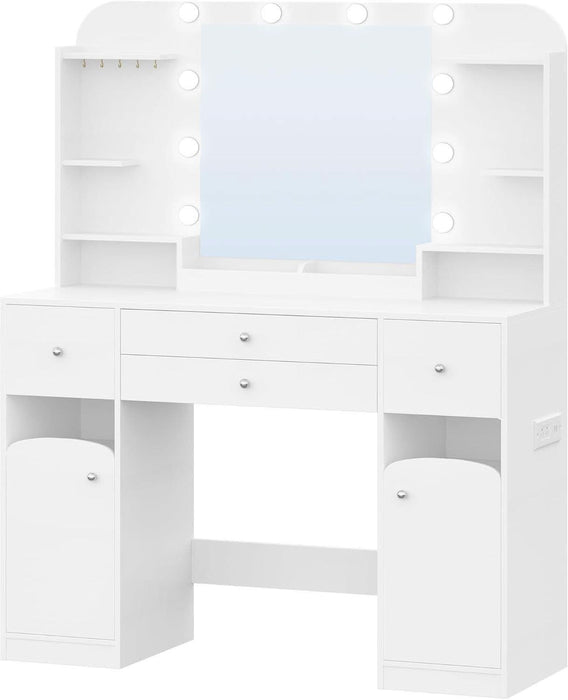42.5" Large Vanity Desk，Dressing Table with Mirror and LED Light, Power Strip, 4 Drawers, 2 Open Storage Cabinets, and Jewelry Storage for Bedrooms, White