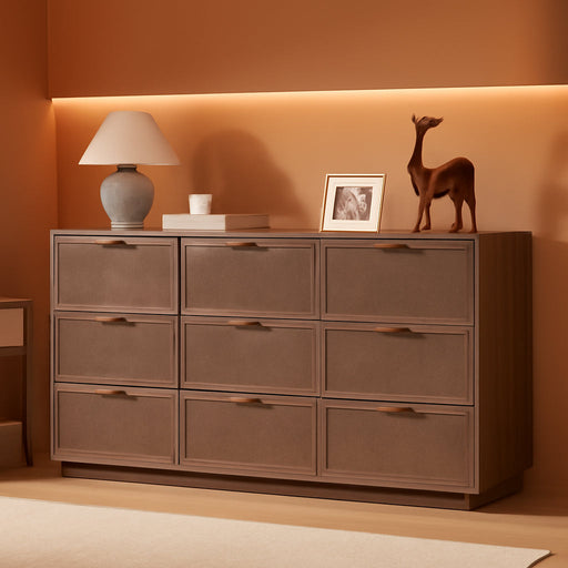Rattan 9 Drawer Dresser for Bedroom, 63.1" Wide Modern Chest of Drawers with Faux Travertine Top, Solid Wooden Dresser TV Stand for Living Room, Nursery, Hallway, Dark Oak