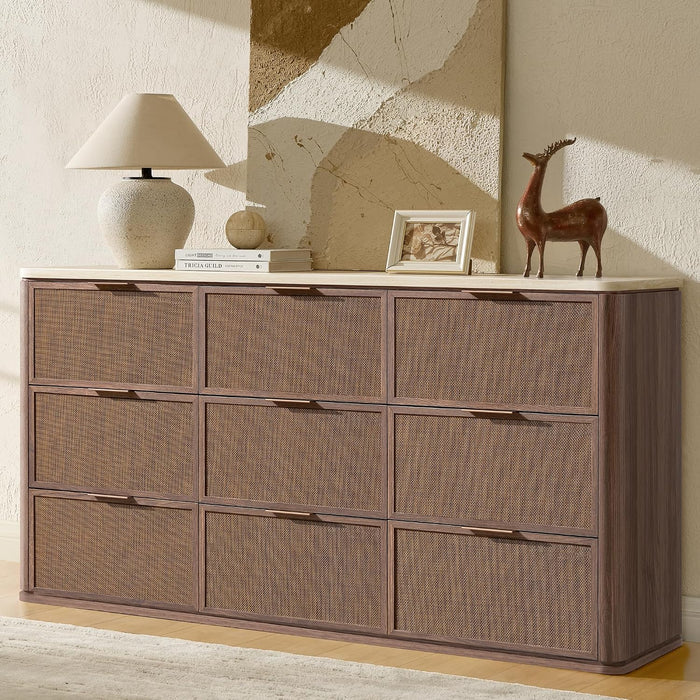 Rattan 9 Drawer Dresser for Bedroom, 63.1" Wide Modern Chest of Drawers with Faux Travertine Top, Solid Wooden Dresser TV Stand for Living Room, Nursery, Hallway, Dark Oak