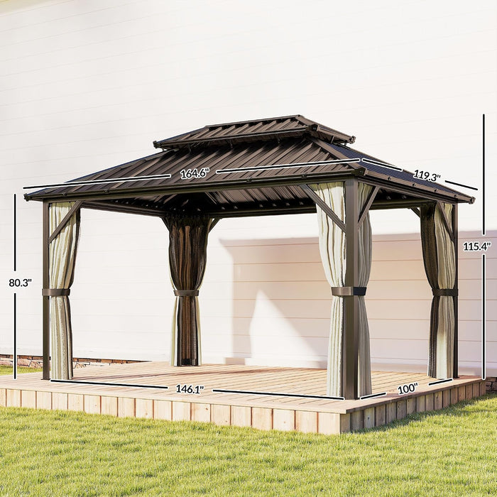 10' X 14' Hardtop Gazebo with UPF50+ Double Galvanized Steel Roof Canopy, Aluminum Frame Permanent Outdoor Gazebo with Curtains and Netting, Ceiling Hooks, Brown