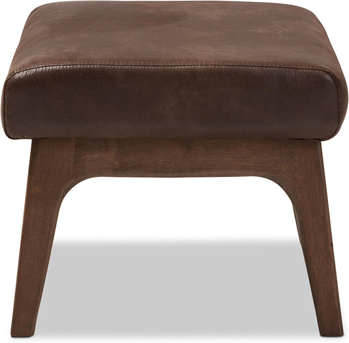 Birk Mid-Century Modern Walnut Wood Dark Brown Distressed Faux Leather Ottoman