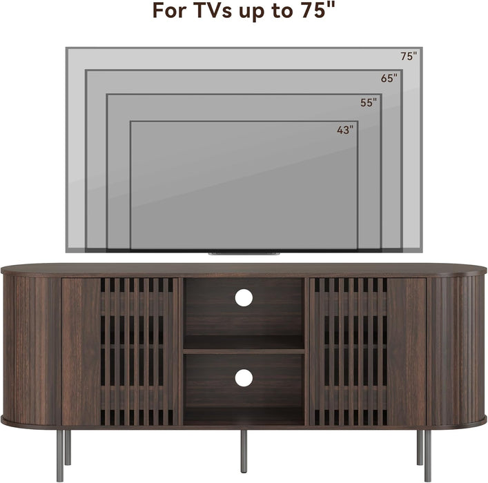 65 Inch TV Stand for Tvs up to 75 Inch, Mid Century Modern Entertainment Center with Storage and Adjustable Shelves, Curved Profile Design,Media Console with Cable Management for Living Room, Brown