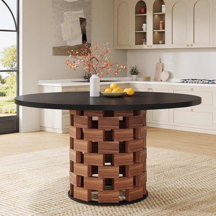round Dining Table for 4-6 People, 47" Farmhouse Kitchen Table, Dining Room Table with Wood Rectangular Block Base, Circle Dinner Tables for Kitchen, Living Room, Black and Brown