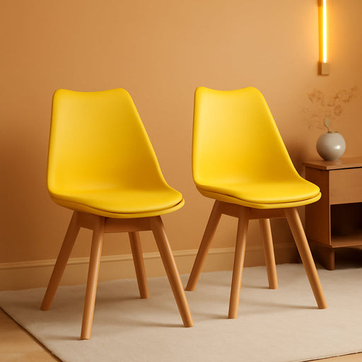 Modern Style Chair Dining, Shell Lounge Plastic Chair with Chairs Natural Wood Legs (Set of 2 Yellow)