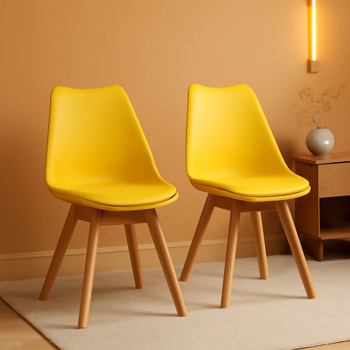 Modern Style Chair Dining, Shell Lounge Plastic Chair with Chairs Natural Wood Legs (Set of 2 Yellow)