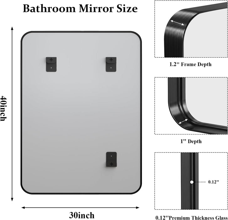 30X40 Inch Black Bathroom Mirror Metal Framed, HD Tempered Glass