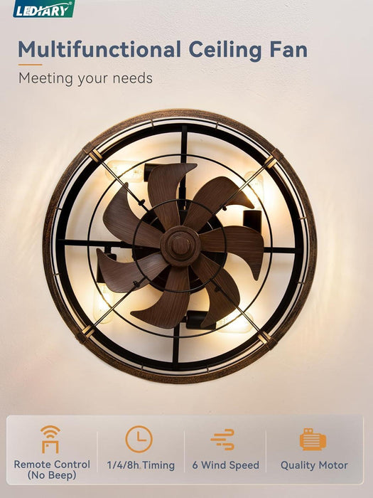 20" Caged Ceiling Fan with Light and Remote, Low Profile Flush Mount Fandelier, Black Gold Bladeless Enclosed Small Fan Lights Ceiling Fixtures, Rustic Farmhouse Style for Bedroom, Outdoor