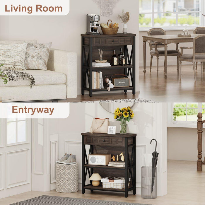 Small Bookshelf, 3 Shelf Bookcase for Living Room, Low Short Bookshelf, Industrial Wood Book Shelf and Rustic Book Case for Small Space, Home Office (Dark Walnut)