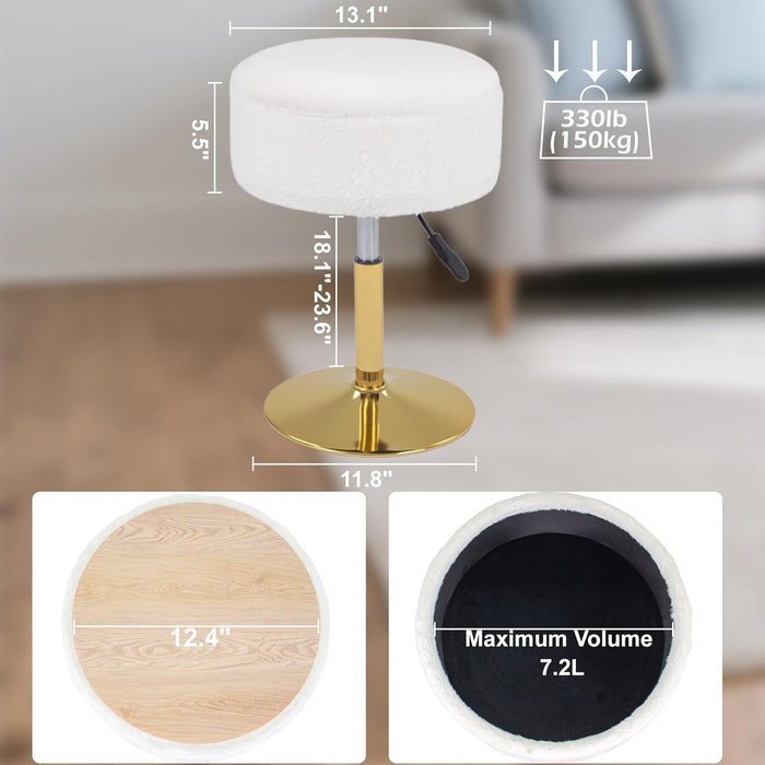 Adjustable Vanity Stool with Storage, 360° Swivel Gold Chair, Faux Fur Small round Ottoman Footrest for Bathroom, Makeup Room, White