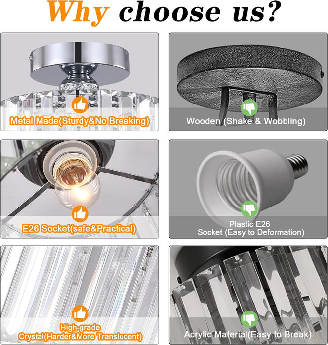 Semi Flush Mount Modern Chandelier, Crystal Ceiling Light Fixture, Small Close to Ceiling Light for Living Room, Bedroom, Hallway, Bathroom, Kitchen, Entryway (Silver)