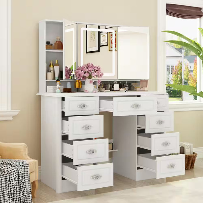 White Makeup Vanity Table Dressing Desk W/3-Mirrors,Led Lighted, 9-Drawers, Hidden Storage Shelves, Carved Metal Handles