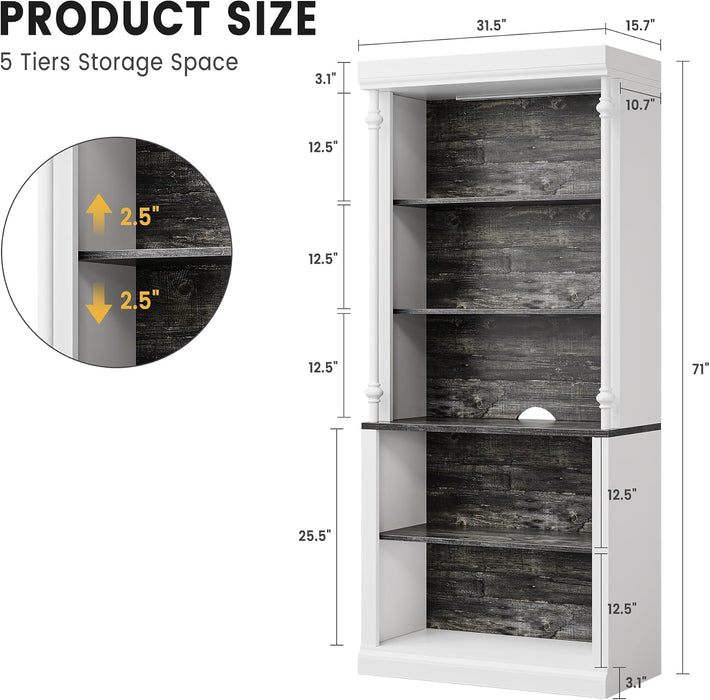 71" Tall 5-Tier Bookshelf, Large Open Display Bookcase with Ample Storage & LED Light, Floor Standing Book Shelf for Living Room, Home Office, Bedroom, White