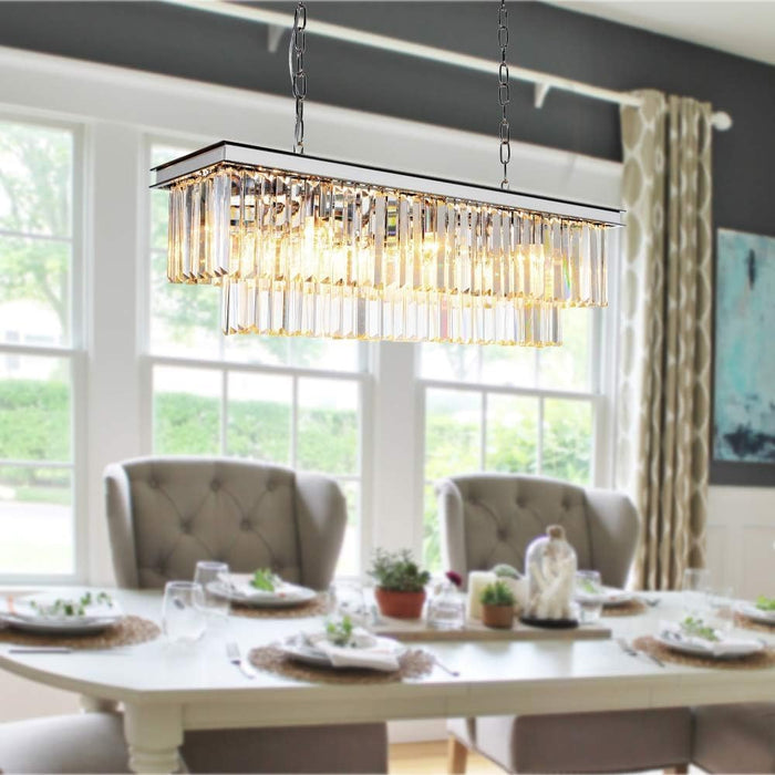Chrome Rectangle Crystal Pendant Light 39.4Inch Chandelier