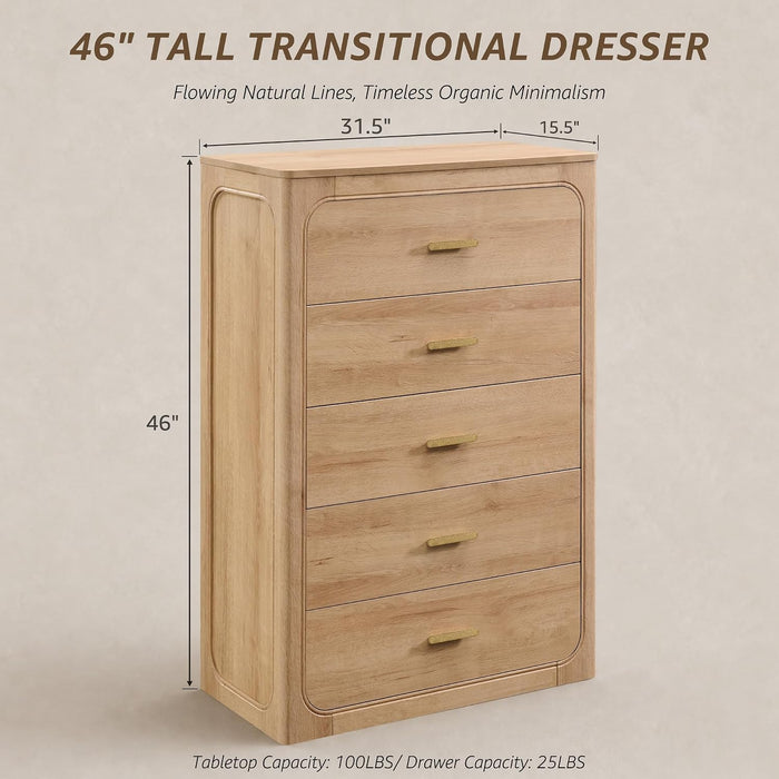 46" Tall Transitional 5-Drawer Dresser for Bedroom, Pale Honey Oak