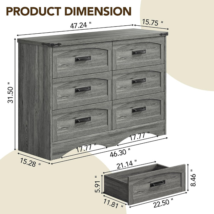 47" Farmhouse 6-Drawer Dresser for Bedroom, Grey