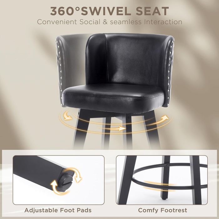 Swivel Bar Stool Set of 3, Faux Leather Low Back Counter Height Bar Stools, 27.5" Upholstered Tufted Counter Barstools with Wood Legs for Kitchen Island, Home Bar (Black)