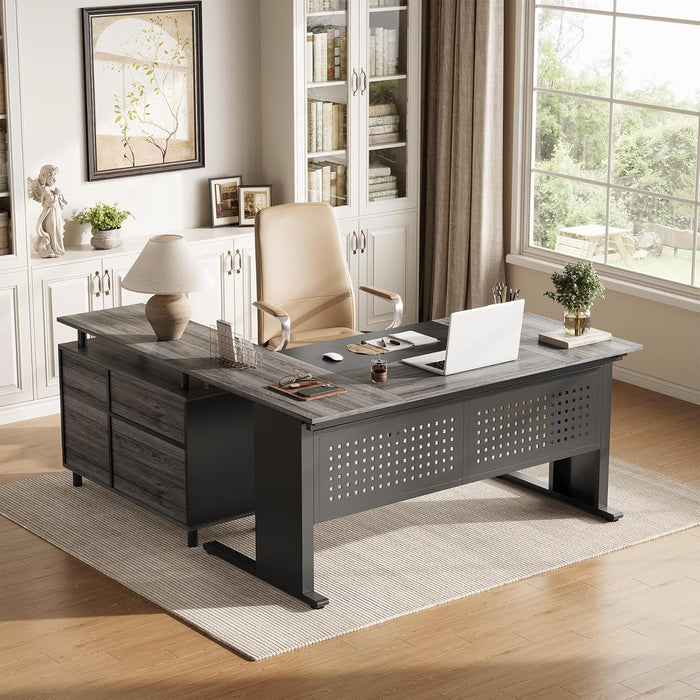 Large Computer Desk with File Cabinet, 63 Inch Executive Desk L Shaped Office Desk with Drawers and Storage Shelves, Business Furniture Desk Workstation for Home Office