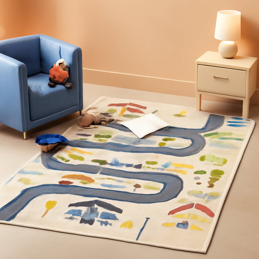 Premium Machine Washable BeigeGreen Kids Playroom Rug