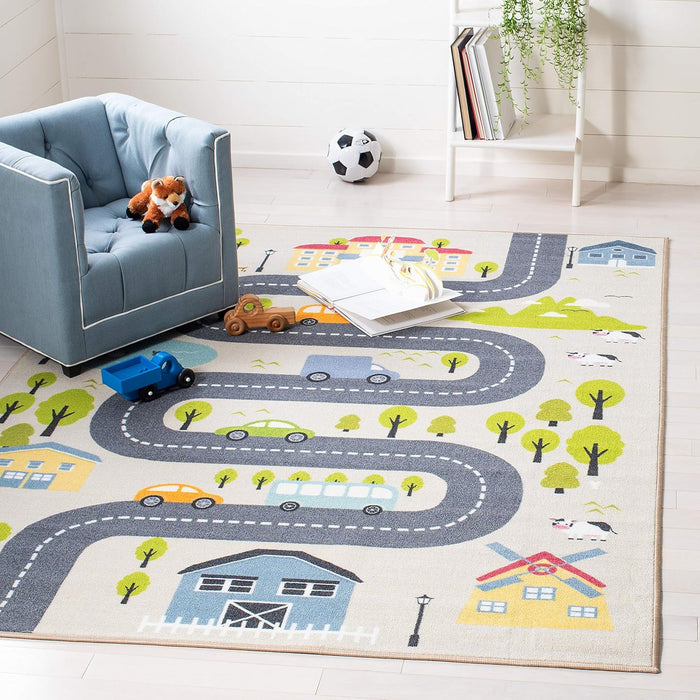 Premium Machine Washable BeigeGreen Kids Playroom Rug