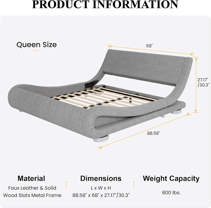 Queen Size Upholstered Bed Frame, Deluxe Low Profile Sleigh Bed with Linen Ergonomics Headboard, No Box Spring Needed & Easy Assembly, Grey