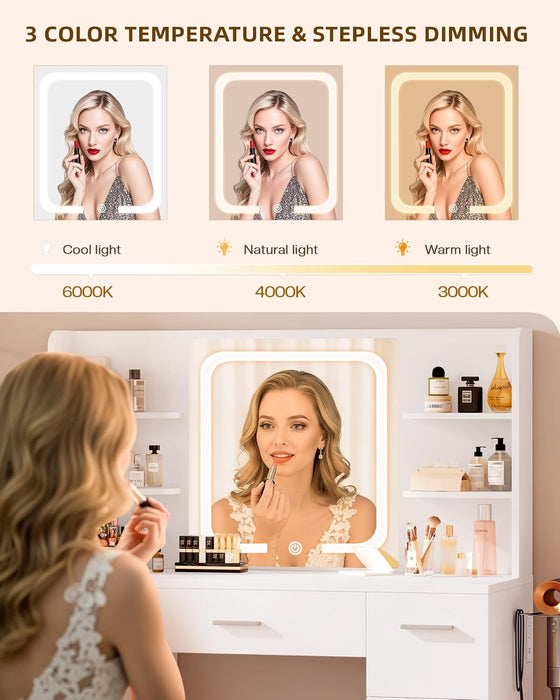 Large Makeup Vanity Desk, 43.3”W X 15.7“D X 53.2”H, White (Large Desktop, Samrt LED Mirror, 4 Open Shelves, 7 Drawers, Hairdryer Rack, Power-Outlet, No Cushion Stool Included)