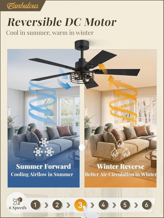 2 Pack Farmhouse 42 Inch Ceiling Fans with Lights, Black Industrial Caged Ceiling Fans for Bedroom Living Room, Double-Sided 5 Blades Rustic Ceiling Fan
