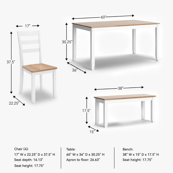 Gesthaven Casual Modern Dining Room Table Set with 4 Chairs and Bench, Set of 6, Mango Wood, 30.25" Table Height, White & Light Brown