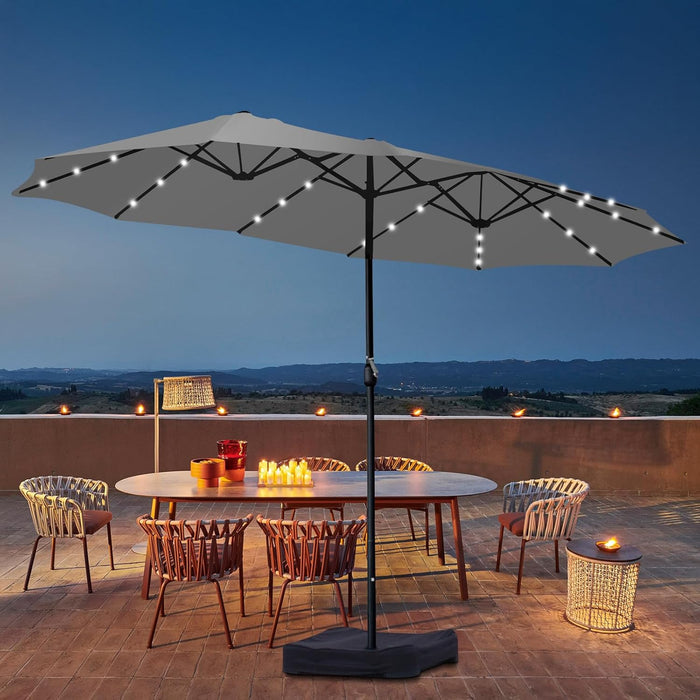 15ft patio market umbrella with base and solar light GREEN PARTY 15 ft Large Outdoor Led Lights & Included, Double-Sided Rectangular Table Umbrella with Stand, Umbrellas for Deck Poolside Garden Backyard, Navy Blue use crank lift Waterproof 15FT Double-Sided Patio Umbrella with