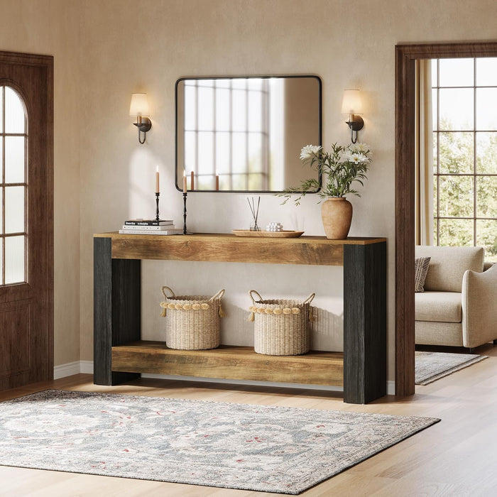 63-Inch Long Console Table for Entryway, Farmhouse Wood Sofa Table behind Couch for Living Room, Hallway, Entrance, Foyer, Rustic Brown & Black
