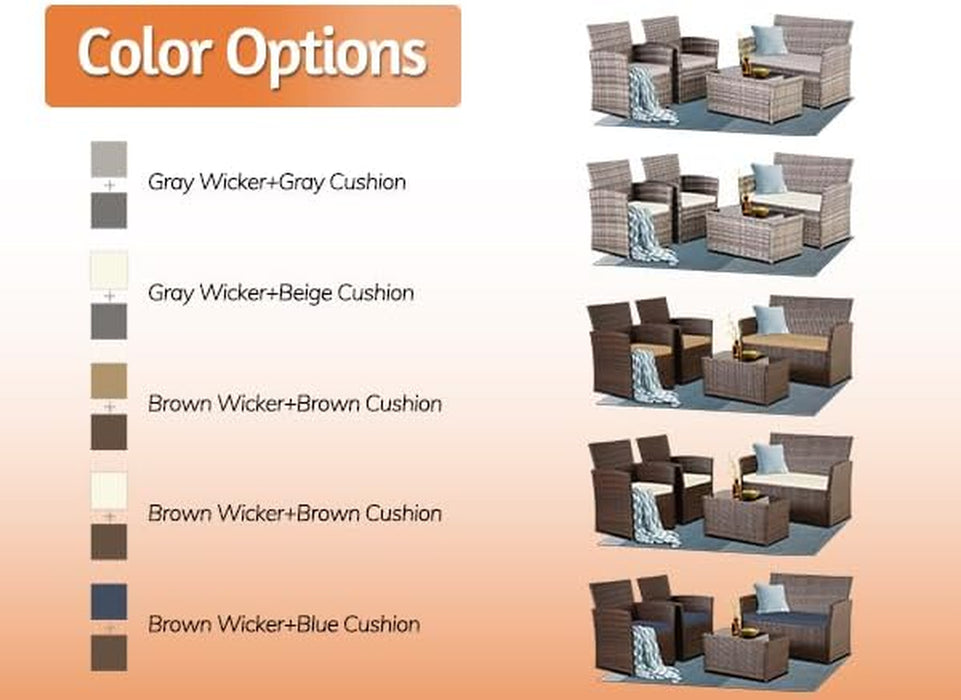 4 Piece Patio Furniture Set,Outdoor Wicker Conversation Sets,Rattan Sectional Sofa W/Coffee Table,Seat Cushions for Backyard Porch Garden Poolside (Gray/Blue)