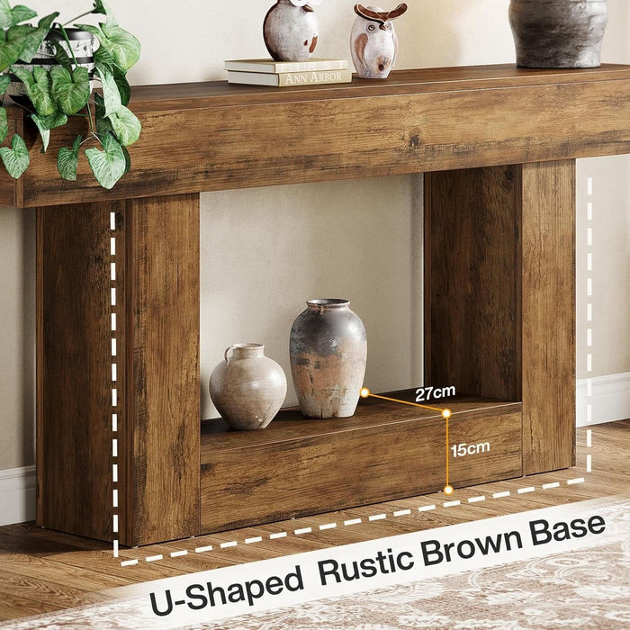 63" Console Table, Farmhouse 2-Tier Entryway Table with U-Shaped Base, Narrow Long Wood Sofa Table behind Couch Table for Living Room, Hallway, Foyer, Vintage Brown
