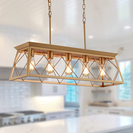 Modern Farmhouse Chandelier Light Fixtures,5-Lights Gold Linear Industrial Light Fixtures for Kitchen Island Bar Dining Table UL Listed