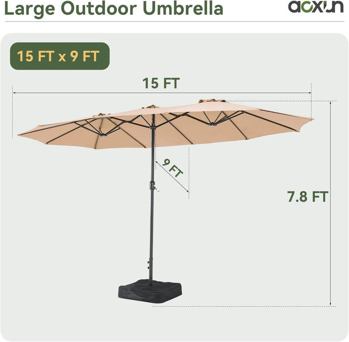 15Ft Beige Rectangular Outdoor Umbrella With Base — ShipItFurniture