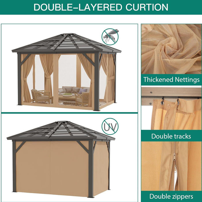 10X12 Ft Gazebo, Hardtop Outdoor Canopy Aluminum Frame Permanent Gazebo with Netting and Curtains, Polycarbonate Garden Tent for Patio, Lawn, Backyard, Deck (10 Ft X12 Ft)