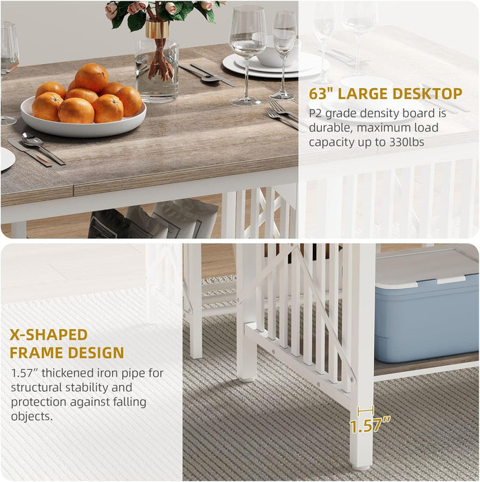 3-Piece Dining Table Set for 4-6 People, 63" Dining Room Table with 2 Benches, Industrial Rectangular Dining Room Table Set with Storage for Kitchen, Dining Room, Washed Grey