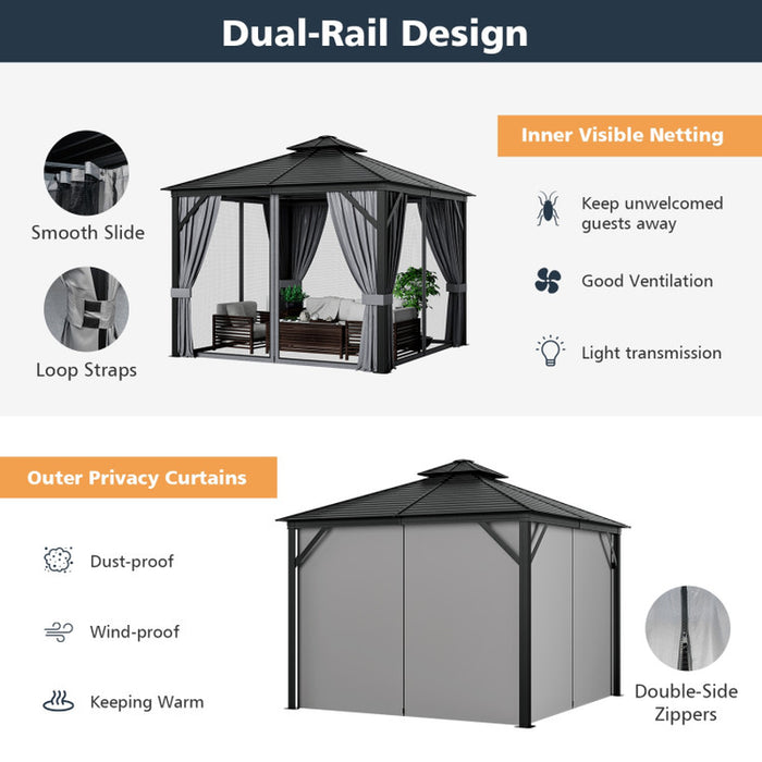 10 X 10 Feet Double-Top Hardtop Gazebo with Galvanized Steel Roof