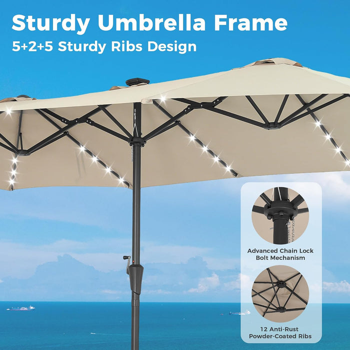 15Ft Double Sided Patio Umbrella with Solar Lights, Outdoor Large Umbrellas with Crank Handle and 48 LED Lights, Rectangular Market Umbrella with Base Included for Deck Pool Shade