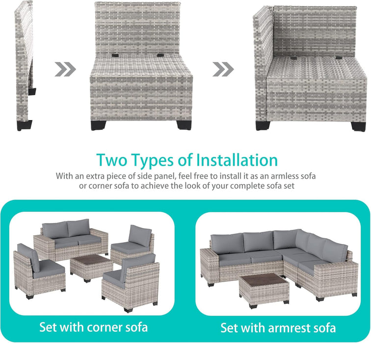 6-Piece Outdoor Patio Furniture Set Wicker Sectional Sofa Set, Patio Conversation Set with Thickened Cushions & Coffee Table for Garden, Backyard, Poolside, Grey