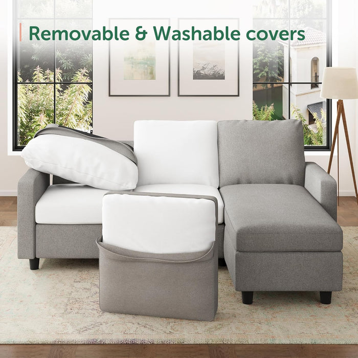 L Shaped Convertible Sectional Sofa LightGreyLinenFabric