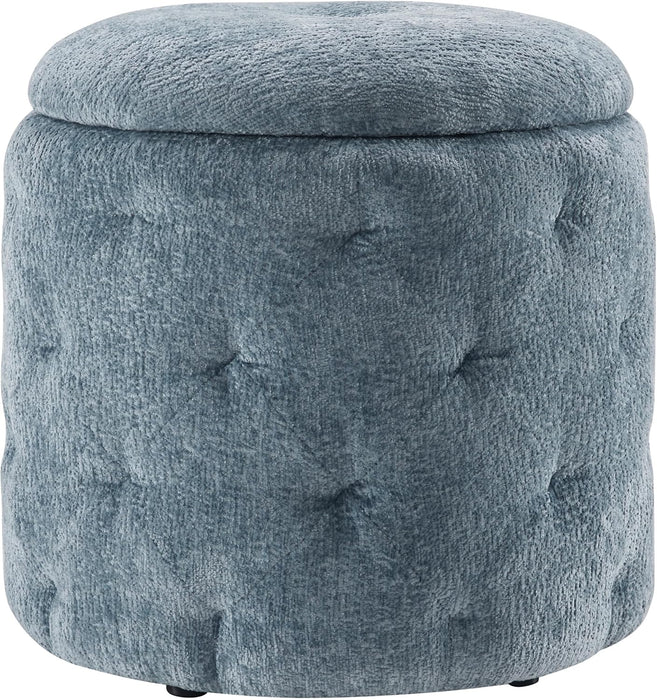 Erindale round Storage Ottoman, 18.75 Inch Diamond Tufted, Plush Lined Interior, Sky Blue