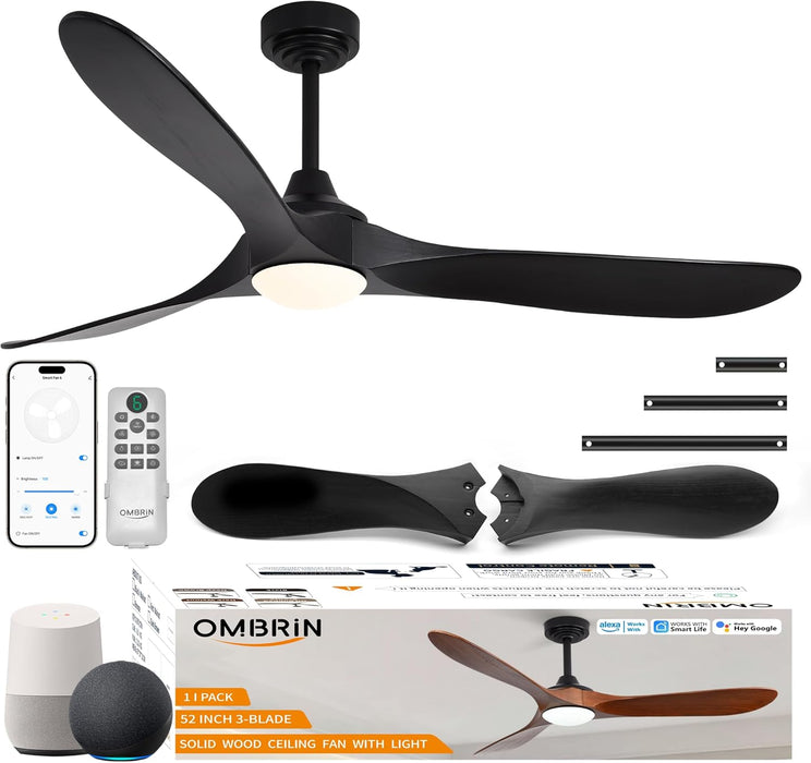 52 Inch Outdoor Ceiling Fans with Lights,Smart Wood Ceiling Fan for Alexa,Google & APP Control,Indoor/Outdoor,3 Blades,3Cct Dimmable,Black Walnut,Downrod Mount for Patio Porch