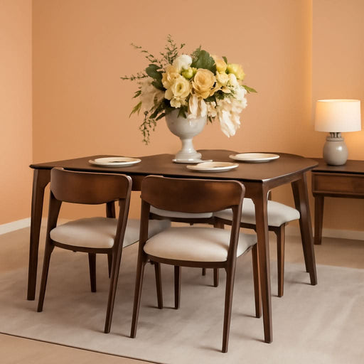Dining Table Set for 4-6, Includes 1 Table & 4 Chairs, Walnut Veneer Top, Solid Wood Frame, Natural Wood Grain, Easy Assembly, Modern Design
