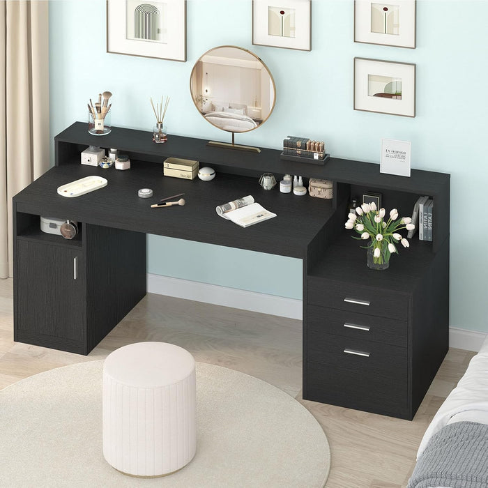 Computer Desk with 3 Drawer & Storage Shelves, Home Office Desk with File Drawer & Cabinet, Writing Study Table with Long Monitor Stand & Printer Shelf, Executive Desk, Black