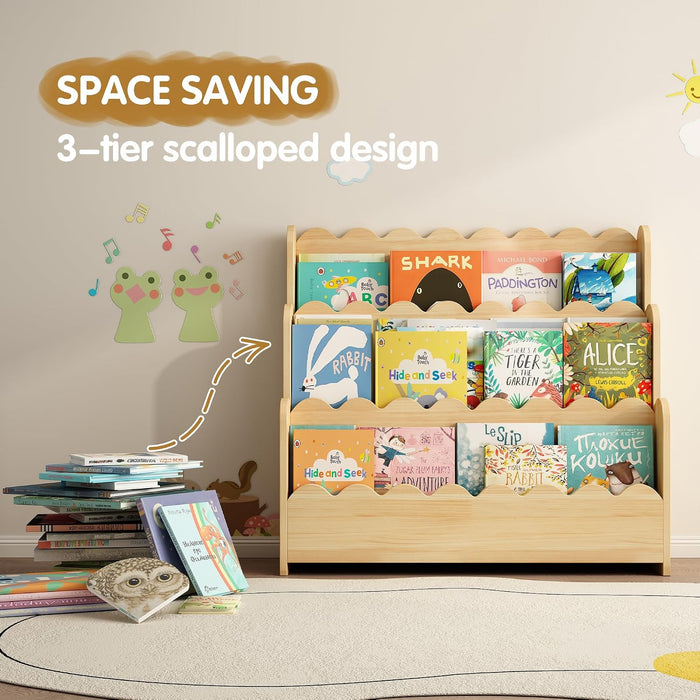 3-Tier Solid Pine Wood Scalloped Bookshelf, Natural | Montessori Bookshelf, Wooden Book Shelf Organizer, Display Furniture, for Playroom, Nursery and Classroom