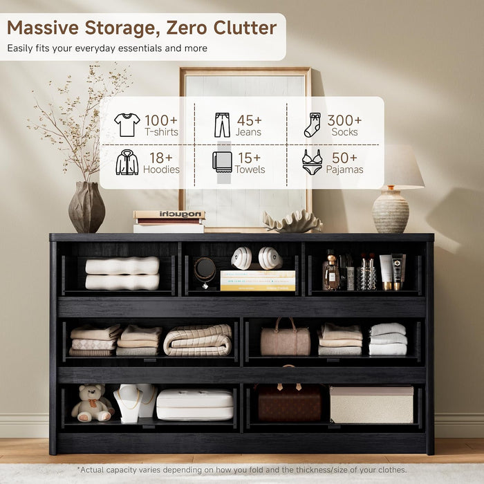 Modern 7 Drawers Dresser for Bedroom, 55" Wide Bedroom Dressers & Chest of Drawers W/Curved Profile, Mid Century Wood Dressers with Handleless Design, Large Dresser for Bedroom Living Room