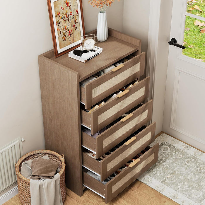 Boho Rattan Dresser 5 Drawers,46 Inch Tall Chest of Drawers for Bedroom Nursery Living Room, Modern Dresser Storage Cabinet for Nursery Living Room, Bedroom and Entryway Dark Oak
