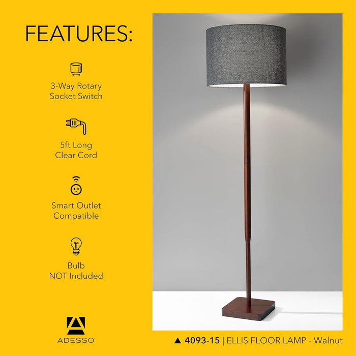 Floor Lamp with Walnut Rubberwood Base and Grey Fabric Lampshade – 58.5” X 16”, 3-Way Adjustable Brightness, Lamp for Bedroom, Living Room, and House Decor