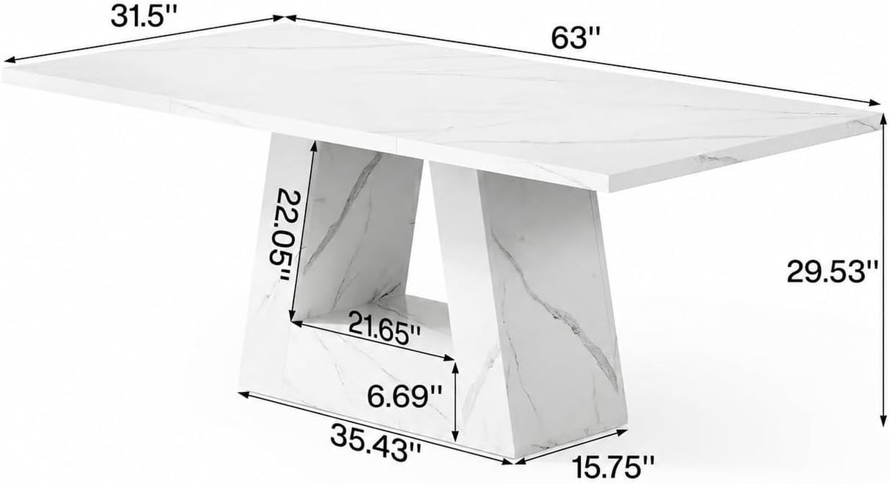 63" Modern Faux Marble Dining Table for 6, Rectangle, White | Kitchen Table, for 4-6 People, MDF, Faux Marble Finish, Heavy Duty Pedestal, for Dining Room, Kitchen, Living Room, White