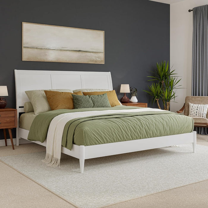, Valencia King Solid Wood Low Profile Sleigh Platform Bed, White