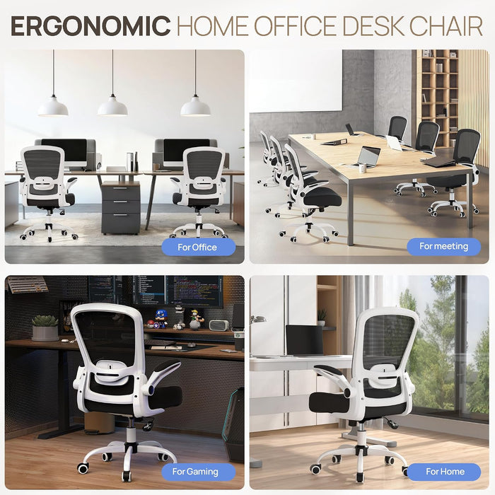 Ergonomic Office Chair - Desk Chair with Flip-Up Armrests & 135° Recline, Adjustable Lumbar Support - Space-Saving Task Chair for Business/Team Office & Home (White Frame-Black, 300Lbs)